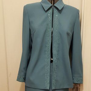 Embroidered Two Piece Skirt Suit - Teal Size 12